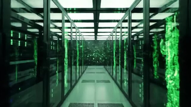 An inside look at a modern data center featuring rows of server racks illuminated by green lights, showcasing cutting-edge technology and the digital backbone of communications.