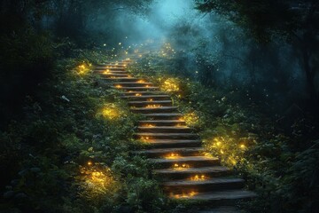 Enchanted staircase illuminated by fireflies in a mystical forest at twilight