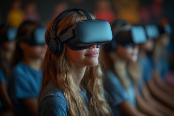 a teacher explaining concepts using virtual reality headsets, students engaged in the experience, futuristic classroom setting with bright lighting