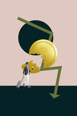 Pop vertical photo collage of inexperienced businesswoman businessman stand arrow decline dollar...