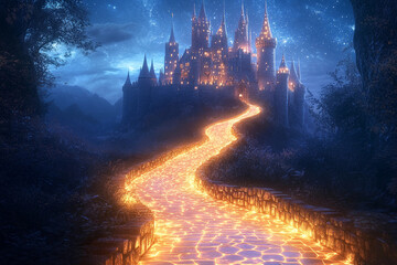 Majestic castle illuminated by glowing pathway at night under a starry sky