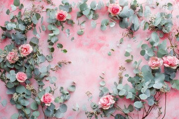 Pink backdrop framed by eucalyptus and small roses