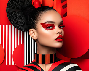 Striking portrait of woman with bold red and black makeup, geometric patterns, and high contrast editorial style