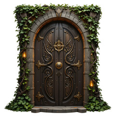 Fantasy elven door with glowing runes, vine-covered edges, golden knob,  isolated on white background