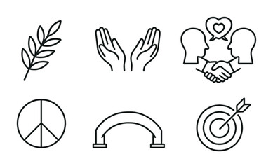 Fototapeta premium Peace and unity outline icons set – linear, harmony, cooperation symbols