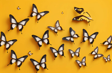 Fototapeta premium Butterflies fly on a yellow background
