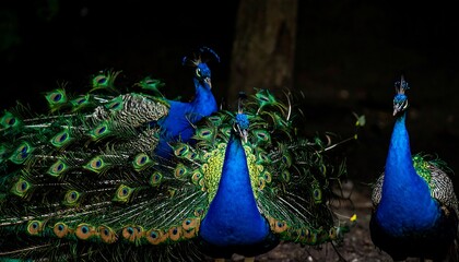 Majestic Peacocks Display in Dark Forest.
