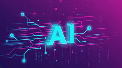 Glowing AI letters surrounded by futuristic digital circuit lines on blue background. Modern tech concept symbolizing artificial intelligence, innovation, and digital transformation - Powered by Adobe