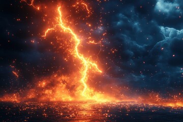 Powerful volcanic eruption lighting up the sky with lava and ash over the ocean at night