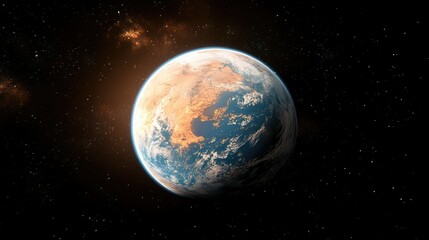 Beautiful Earth shines in space with detailed surface glow, placed to allow text on a dark background