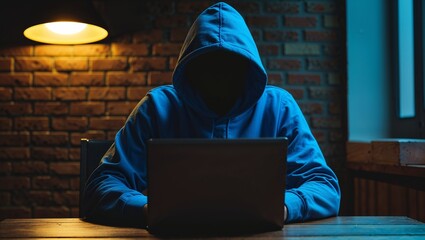 A person in a blue hoodie using a laptop in front of a brick wall under a yellow lamp at night time