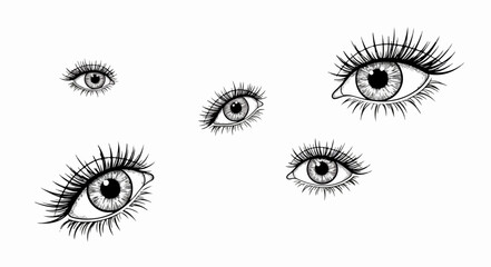 Artistic line illustration of surreal floating human eyes with minimal details, drawn in modern abstract line style.