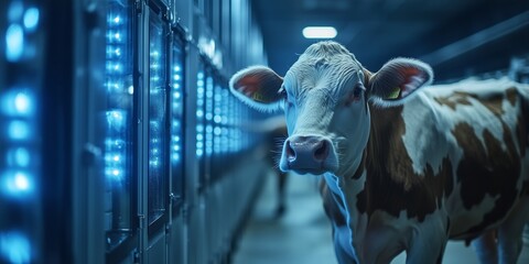 an automated milking robot attached to a cow in a clean modern barn