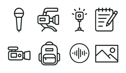 Media and entertainment line icons set – linear, outline, media tools and gear