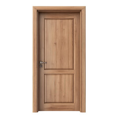 A close up shot of a wooden door with a handle and a peephole on a black isolated background image
