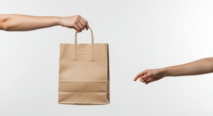 Hands carrying a plain shopping bag with no branding or writing, photographed inside a professional photo studio with a pure white background