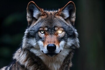 Obraz premium Wolf with radiant eyes reflects the power of the moon in a mystical forest setting under twilight sky