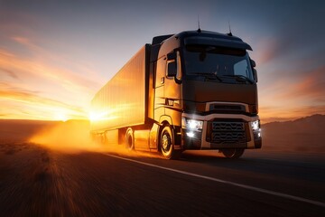 Obraz premium Modern truck traveling on a desert highway at sunset.