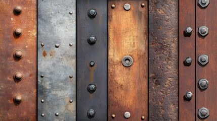 Fototapeta premium Rusty iron plates with bolts and surface wear creating a textured industrial background