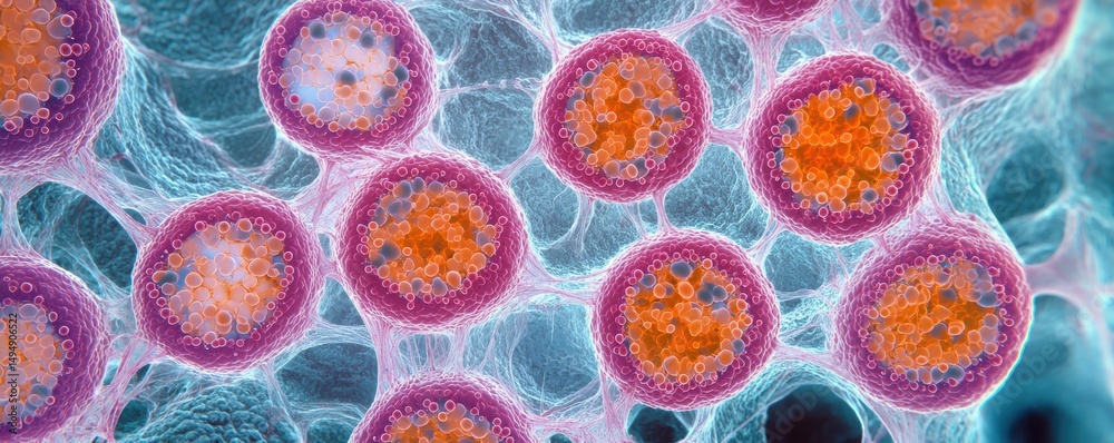 Poster intricate cellular structures depicting the concept of amoebas forming unique patterns in a microsco