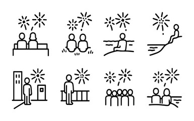 Fireworks celebration outline icons set – linear, festive, event symbols