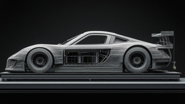 Side view of an automotive manufacturing plant with production lines assembling vehicle parts systematically - Powered by Adobe