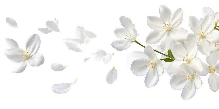 Fototapeta Arrangement of white flowers with petals falling on a black background creating a delicate floral design