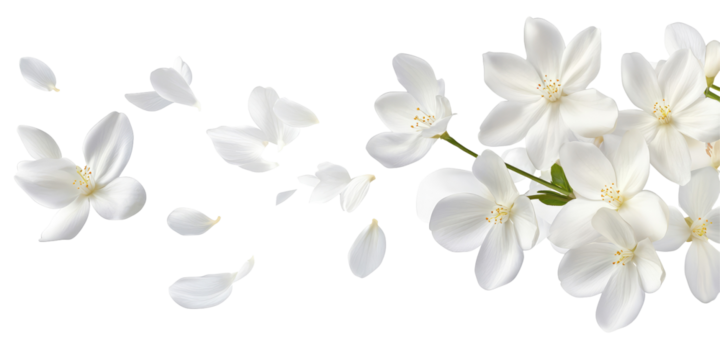 Arrangement of white flowers with petals falling on a black background creating a delicate floral design