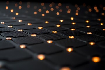 Close-up shot of laptop keyboard with illuminated keys, creating a sense of technology and modern design