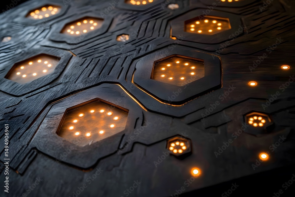 Poster a close-up view of an illuminated circuit board, the lights creating a mesmerizing display