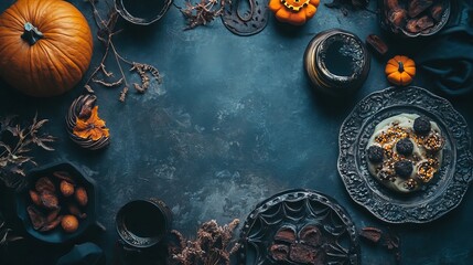 Overhead shot of halloween themed food and decorations on a dark blue textured background layout design