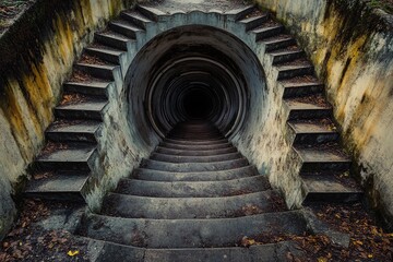 Steps lead into an endless circular tunnel creating a mysterious atmosphere with a sense of depth and intrigue