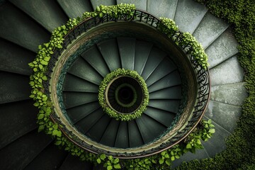Endless spiral staircase viewed from above, showcasing a mesmerizing architectural design in a historic building