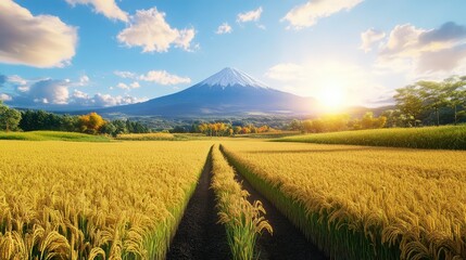 Detailed 3D Mount Fuji towering above rolling rice fields, each stalk glowing with golden harvest tones