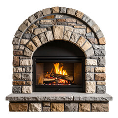 Warm home interior with a burning wood fireplace, stone hearth, and glowing flames heating the room