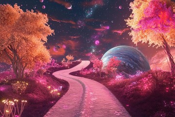 Magical road leads through a cosmic landscape toward distant planets in a starry night sky