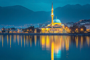 Magnificent cityscape featuring a radiant mosque mirrored on calm waters at dusk