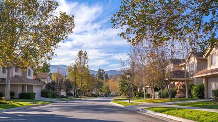 Residential street with houses trees and a vibrant blue sky