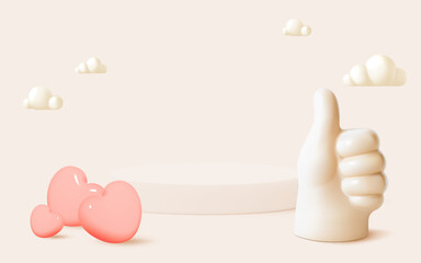 3D Thumbs Up with Floating Pink Hearts and Clouds on Cream Background for Positive Design Concepts