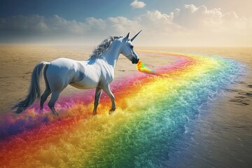 Unicorn gracefully gallops through the sky, leaving a vibrant rainbow trail illuminated by sunlight