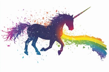 Unicorn gracefully gallops through the sky, leaving a vibrant rainbow trail illuminated by sunlight