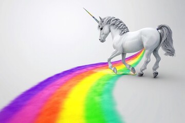 Unicorn gracefully gallops through the sky, leaving a vibrant rainbow trail illuminated by sunlight