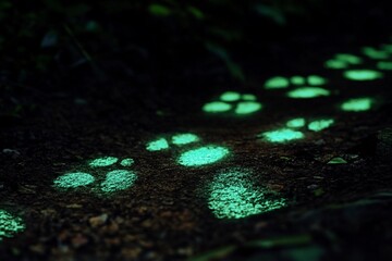 Cat explores glowing tracks in a mysterious forest at night revealing fantasy and intrigue