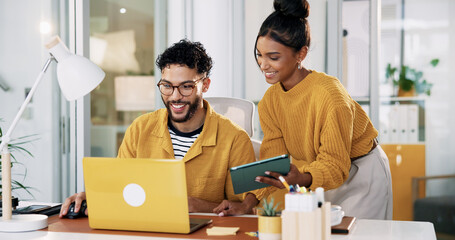 Office, tablet and business people with laptop for collaboration, software update and discussion for ux. Teamwork, web designer and creative manager with technology for seo tools, research or talking