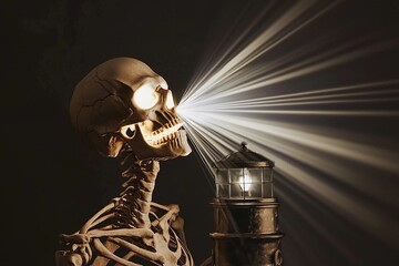 Skeletal figure with glowing skull beams illuminating a dark space in an eerie atmosphere