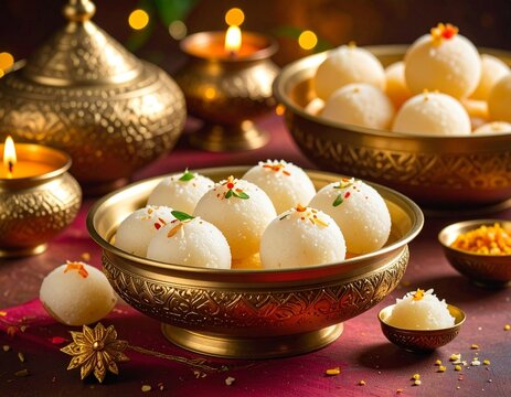 Indian traditional Assorted Sweets Rasgulla with Alpona Floor Background.