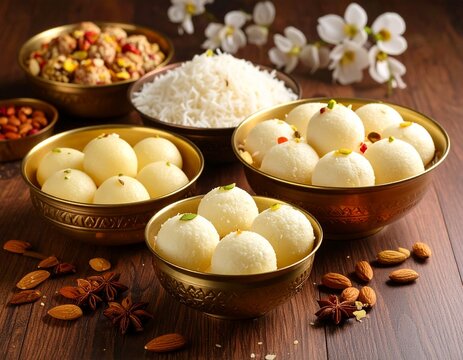 Indian traditional Assorted Sweets Rasgulla with Alpona Floor Background.