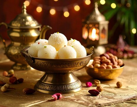 Indian traditional Assorted Sweets Rasgulla with Alpona Floor Background.
