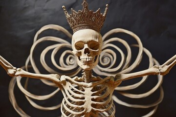 Skeletal figure with crown-like skull poses with spiral arm decorations amidst a dark backdrop showcasing intricate details