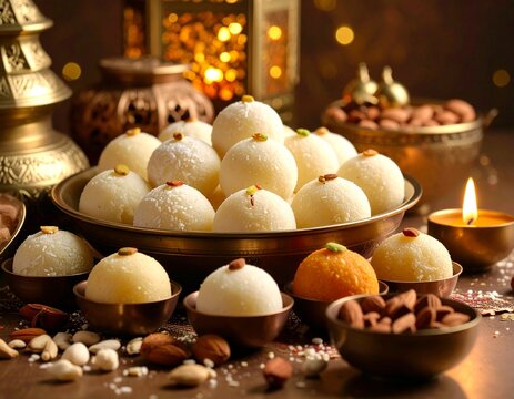 Indian traditional Assorted Sweets Rasgulla with Alpona Floor Background.